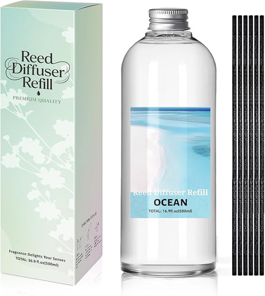 SCENTORINI Reed Diffuser Oil Refill, 16.9oz Natural Ocean Scented Essential Oil with 6 Sticks, Long Lasting Home Fragrance for Bathroom, Spa Room Aromatherapy, Hotel, Home & Office Decor
