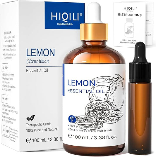 HIQILI Lemon Essential Oil, Household Cleaning, Air Purification, Skin Care, Can be Added to Cleansers, Sprays, Body Lotions Use - 3.38 Fl Oz/100ML