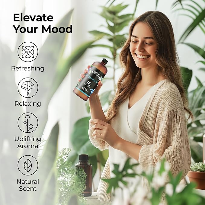Healing Solutions Organic Peppermint Essential Oil Bulk 16oz - Large Organic Peppermint Oil Bottle for Hair, Spray & More - Peppermint Oil for House Cleaning - Peppermint Oil for Diffuser - Mint Oil
