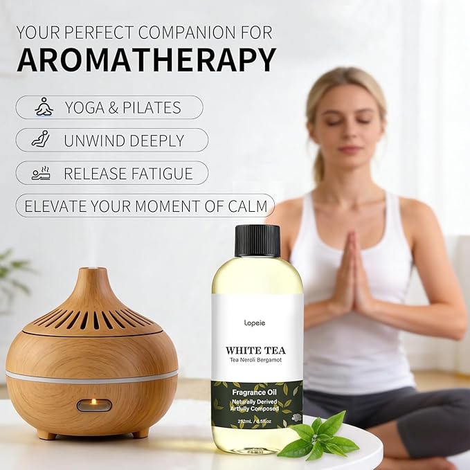 Lopeie White Tea Diffuser Oil – Essential Oil for Diffuser, Air Freshener & Room Spray – Long-Lasting with Notes of Tea, Neroli & Bergamot – Hotel Scent for Ultrasonic & Waterless Diffusers, 8.5 Fl Oz