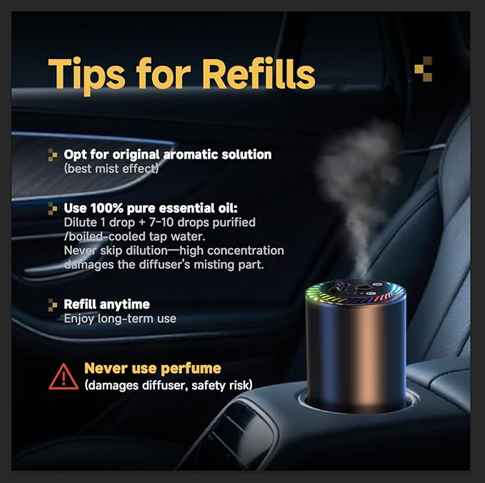 Smart Car Air Freshener with Star Light & 50ml Diffusers Oil Refills, Auto On/Off Aroma Diffuser, 3 Adjustable Mist Modes Rechargeable Aromatizante para Carro - Car Diffuser（Cologne）