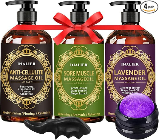 Mothers Day Gifts for Wife,Massage Oil for Massage Therapy,3 Pack Cellulite Massage Oil,Sore Muscle Arnica Oil & Lavender Massage Body Oil with Massage Ball & Thumb Saver Tool,Fathers Day Gift