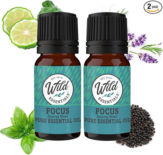 Wild Essentials Focus 100% Pure Essential Oil Synergy Blend 2 Pack 10ml, Therapeutic Grade Concentration Formula for Mental Clarity, Study, Work, Test, Interview, Attention Made in The USA