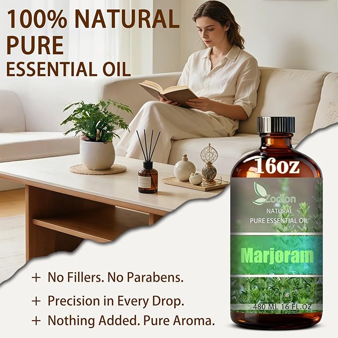Marjoram Essential Oil, 16 fl oz (480ml) - ZODION Marjoram Fragrance Oil for Diffuser, Massage, Humidifier, DIY Candle, Soap Making, Home, Bath, Yoga