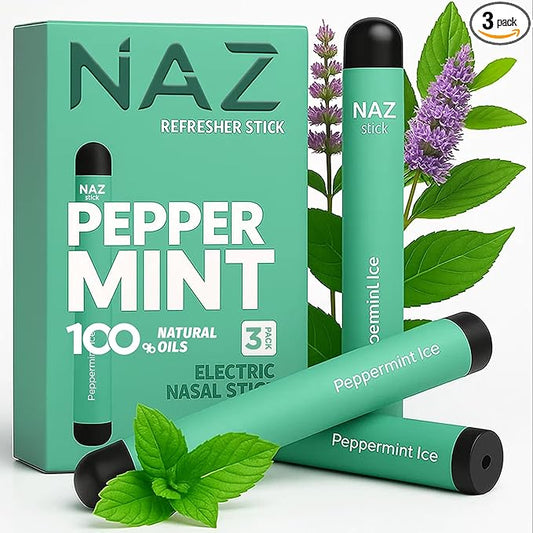 Naz Menthol Herbal Nasal Stick - Spearmint, Camphor, Eucalyptus Extracts w/Vapor Electric Nasal Inhaler for Aromatherapy, ICY Refreshing & Instant Focus Herbal Diffuser Pen - 3Pak