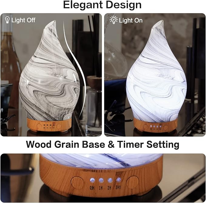 Porseme Essential Oil Diffuser Hand-Blown Glass Aroma Diffusor, Aromatherapy Unltrasonic Cool Mist deffuser, 7 Color Changing, Waterless Shut-Off, Timer Function for Home Office(150ml, Ink)
