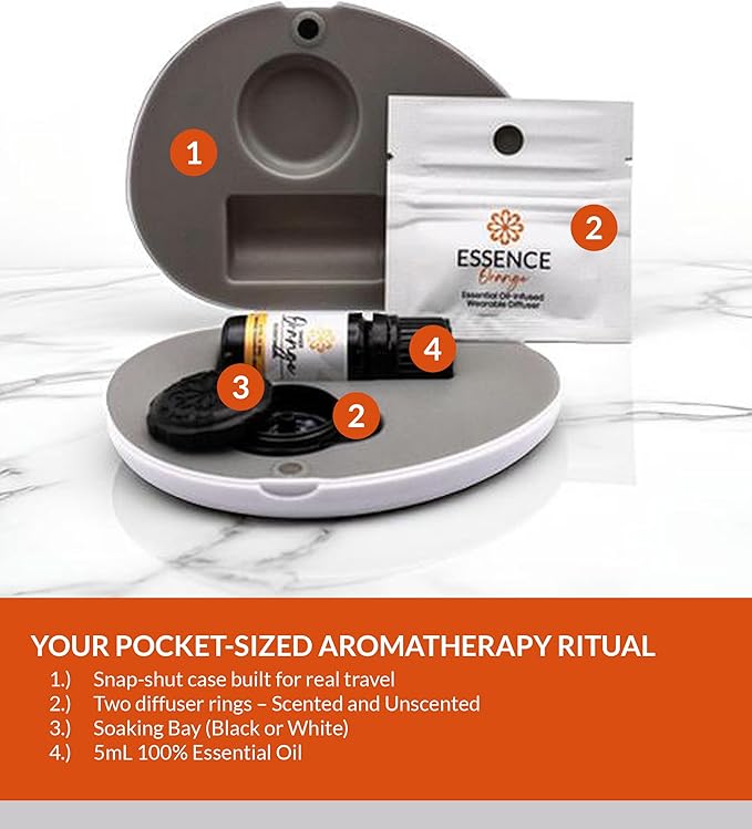 Essence Pearl Travel Case | Orange Essential Oil | Aromatherapy Nasal Diffuser & Essential Oil Carrying Case | Uplifting Citrus Scent | Travel-Friendly Kit | Black Pod
