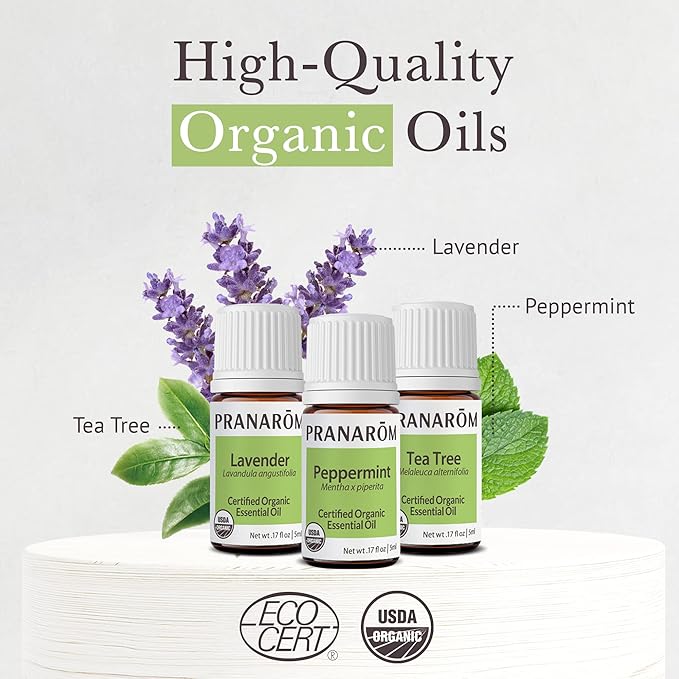 Pranarom - Top 3 Essential Oil Kit (3-Pack of 5ml) - Lavender, Tea Tree, and Peppermint Essential Oils - 100% Pure Essential Oil | USDA and ECOCERT Certified Organic