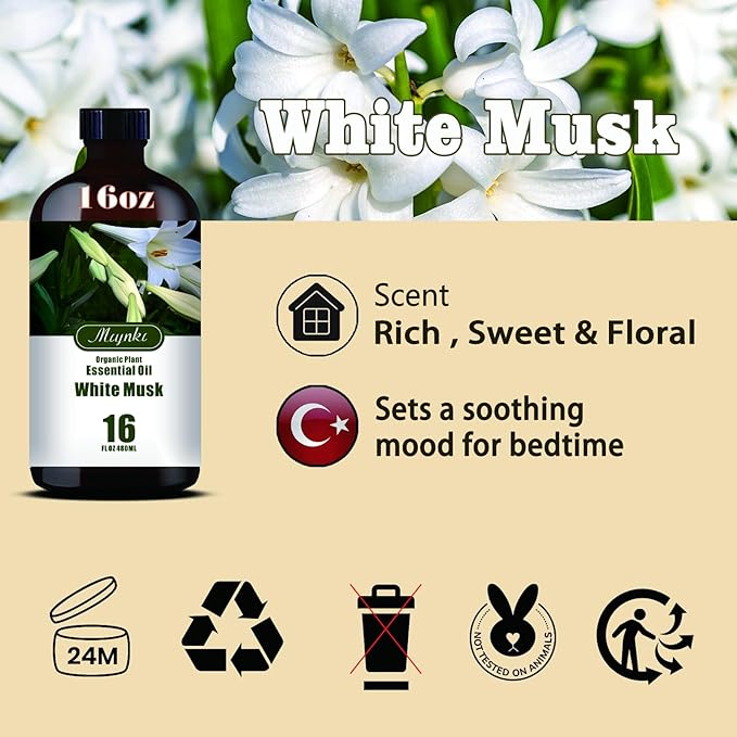 White Musk Essential Oil – MLYNKL White Musk Oils 16.33 fl oz for Diffusers, Humidifiers, Massage, DIY Candles, Soap, Cleaning, Home, Yoga, Office, Gifts - 490 ml