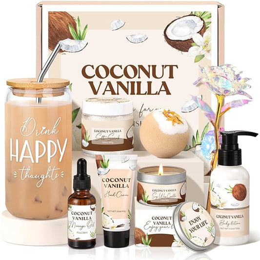 Mothers Day Gifts for Mom, Spa Gift Baskets for Women, Vanilla Coconut Bath and Body Gifts Set for Women, Home Spa Self Care Gift, Relaxing Bath Set for Mom Wife Sister Friends Sister Girlfriend