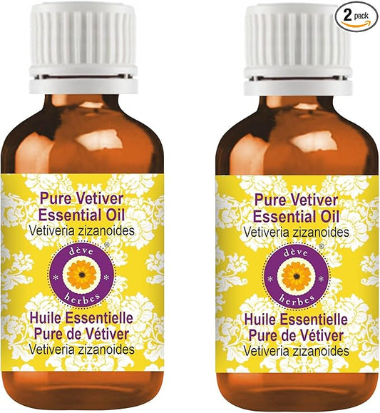 Deve Herbes Pure Vetiver Essential Oil (Vetiveria zizanoides) Steam Distilled (Pack of Two) 100ml X 2 (6.76 oz)