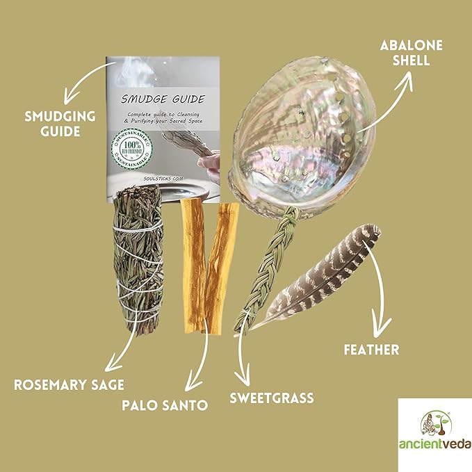 Ancient VEDA Organic Smudge Kit – Rosemary, Palo Santo, Sweetgrass, Abalone Shell, Feather & Smudge Guide | Smudging Kit for Home Energy Cleansing, Meditation, Healing (Healer's Kit, Rosemary Sage)
