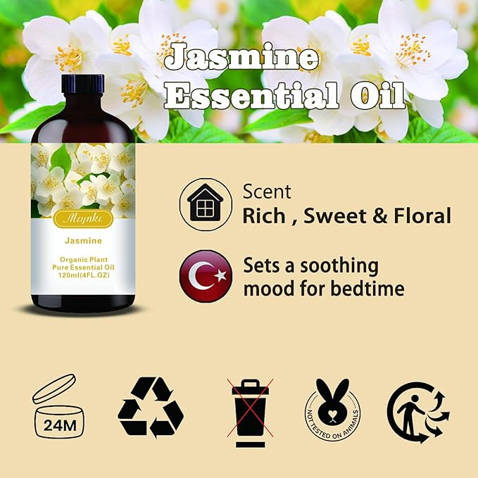 Jasmine Essential Oil – MLYNKL Jasmine Oils 4.33 fl oz for Diffusers, Humidifiers, Massage, DIY Candles, Soap, Cleaning, Home, Yoga, Office, Gifts - 130 ml