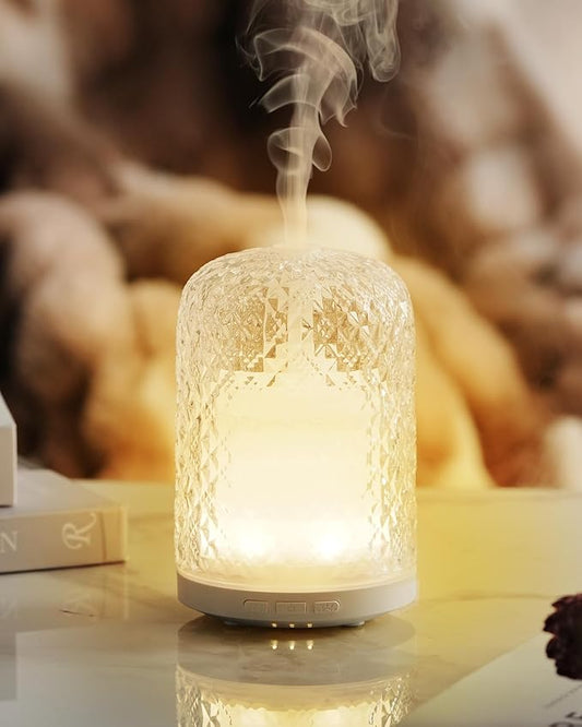 Onaboviva Essential Oil Diffuser - 2.4MHz Ultrasonic Glass Diffuser for Home, 120ml, Pulse&Continuous Mist, Bright/Dim/Breathing Lighting, Waterless Auto-Off, Aromatherapy Diffuser with USB Cable