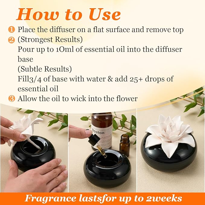 Honeydak 1 Pcs Reedless Ceramic Diffuser Set, Porcelain White Flower Aromatherapy Essential Oil Diffuser for Home Office Bathroom Tabletop Decor, Non-Electric, Valentines Day Gift (Magnolia)