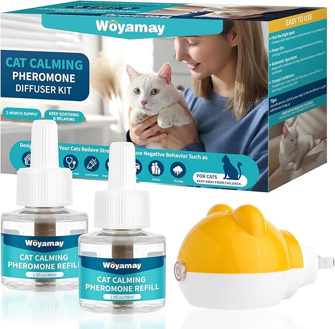 Woyamay Cat Calming Diffuser - Cat Pheromones Calming Diffuser for Cat Anxiety Relief 3-in-1 Cat Pheromone Diffuser Kit with 1 Diffuser + 2 Refill 48ml Vial - 60 Days Pheromone Diffuser to Calm Cats