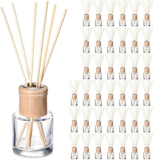 Roshtia 40 Set Reed Diffuser Bottle Empty Refillable Fragrance Glass Diffuser Bottles Set with Wooden Caps Sticks 50ml 1.7 oz Round Glass Jars for DIY Fragrance
