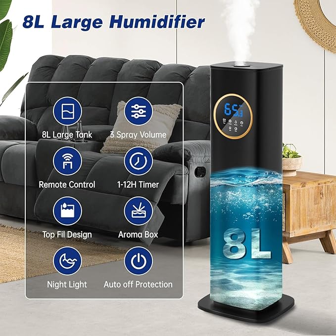 LACIDOLL Humidifiers for Bedroom 500 sq ft, 2.1Gal/8L Humidifier large room with Night Light & Essential Oil Diffuser, Top Fill Large Room Humidifiers for Home Baby Nursery Office Plants, Black