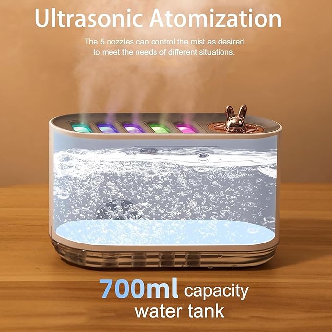 5 Nozzle Cool Mist Humidifier, Music-Sensing Humidifier Diffuser with 20 Color LED Light, 700ML Essential Oil Diffuse, Auto Shut-Off, Aroma Diffusers Humidifiers for Bedroom Home Office (White)