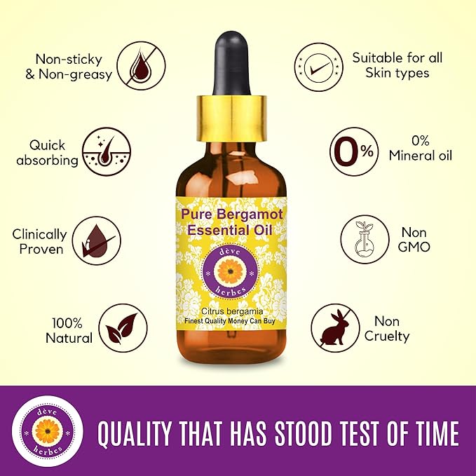 Deve Herbes Pure Bergamot Essential Oil (Citrus bergamia) with Glass Dropper Natural Therapeutic Grade Steam Distilled 50ml (1.69 oz)