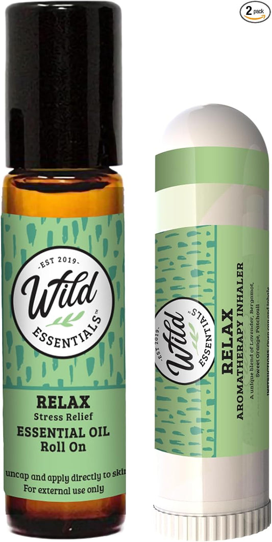 Relax Essential Oil Blend 2-Pack – Aromatherapy Roll-On & Inhaler with Bergamot, Chamomile, Lavender, Orange, Patchouli & More – Natural Stress Relief, Calming & Relaxation