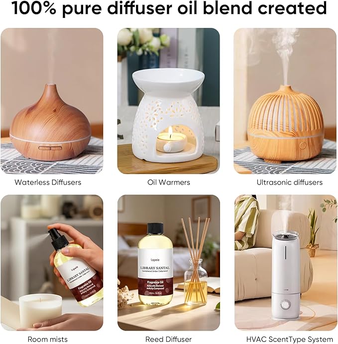 Lopeie Sandalwood Fragrance Oil – Essential Oil for Diffuser, Air Freshener & Room Spray, Long-Lasting with Notes of Sandalwood, Amber, Warm Cozy Scent for Ultrasonic & Waterless Diffusers, 4.1 Fl Oz