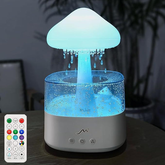 Rain Cloud Humidifier for Bedroom with Remote Control, Built-in Sound Speaker, Aromatherapy Water Drip Diffuser, LED Night Light & Raindrop Sounds for Sleep and Relaxation