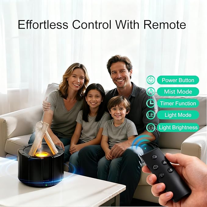 Campfire Flame Diffuser for Essential Oils, 250ml Ultrasonic Cool Mist Aromatherapy Humidifier with Remote Control, 7-Color LED Lights, Timer & Auto-Off for Home, Office & Bedroom (Black)