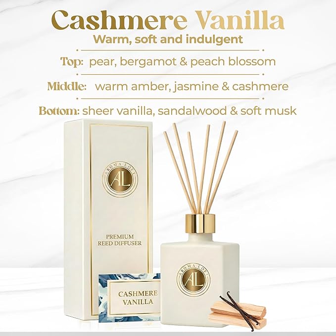 White Reed Diffusers Sticks in Oil Set with Cashmere Vanilla Scent | Long-Lasting Reed Diffusers for Home, Office, Bathroom, & Bedroom Decor Fragrance Diffuser | White Diffuser | (5 oz)
