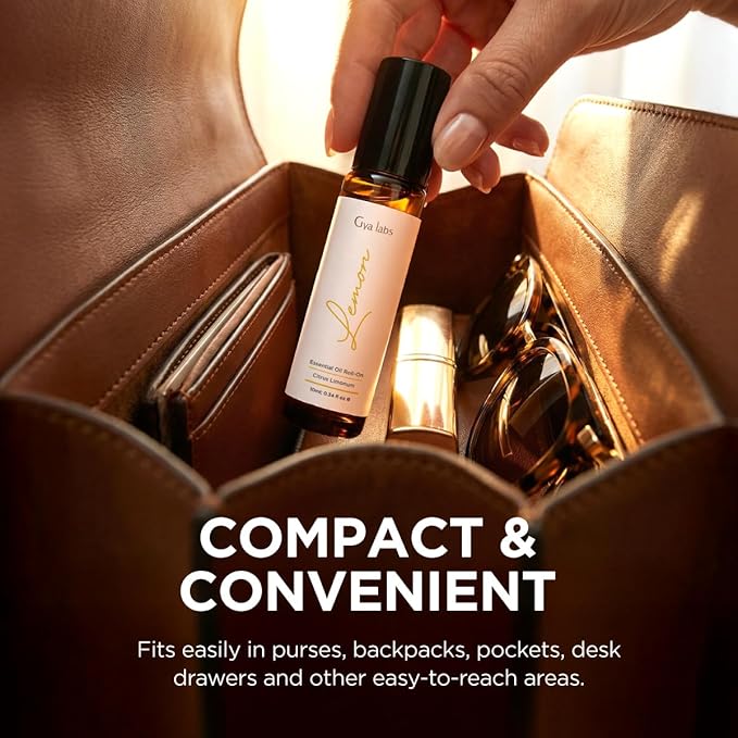 Gya Labs Lemon Essential Oil Roll On - 0.34 Fl Oz - Travel Size Roller for Camping, Skin, Aromatherapy Relief, Convenience