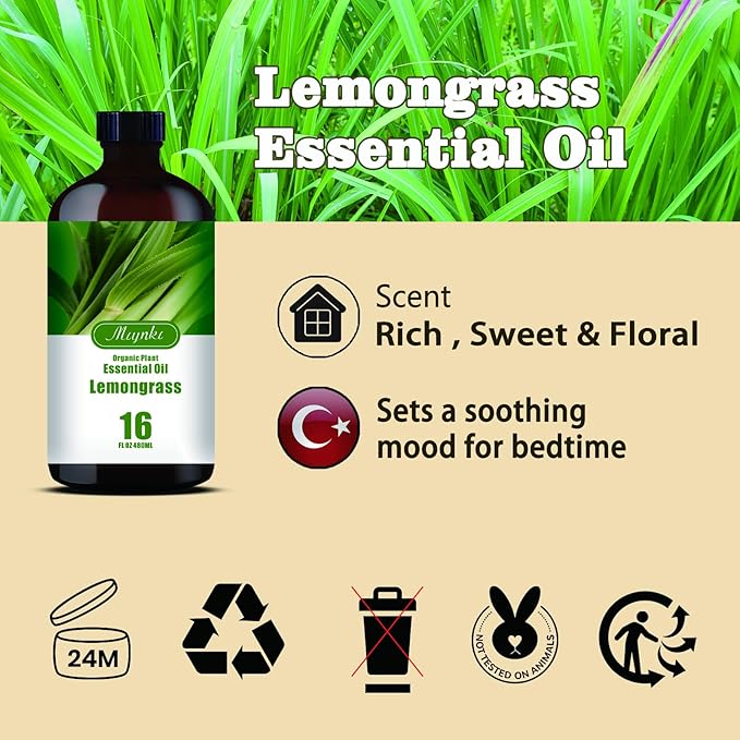 Lemongrass Essential Oil – MLYNKL Lemongrass Oils 16.33 fl oz for Diffusers, Humidifiers, Massage, DIY Candles, Soap, Cleaning, Home, Yoga, Office, Gifts - 490 ml