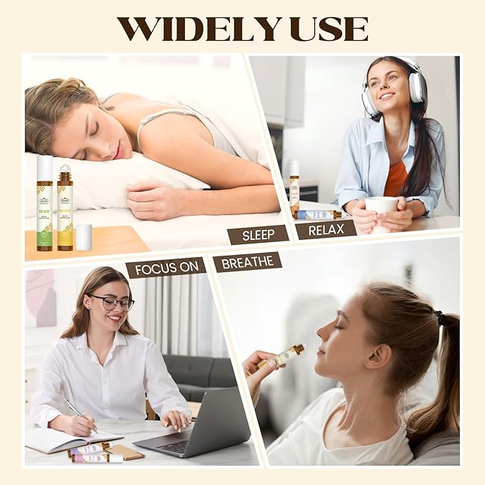 Essential Oils Roll On Set,Gifts for Mom & Wife (Calm, Relax, Breathe, Focus on, Sleep, Renew), Natural Aromatherapy Oil Blend Kit with Roller Ball for Massage, Body Skin Care, Relaxation Gift