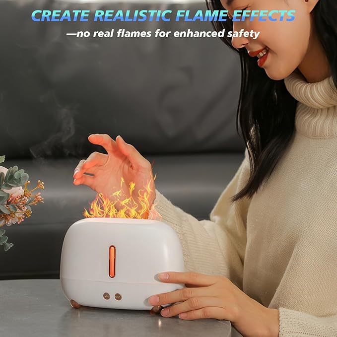 Flame Essential Oil Diffuser, 250ml Ultrasonic Aromatherapy Diffuser, Atomizer Humidifier with 7-Color LED Flame Night Light, Automatic Shutdown, Silent, for Home/Yoga/Office Use, Gifts (White)