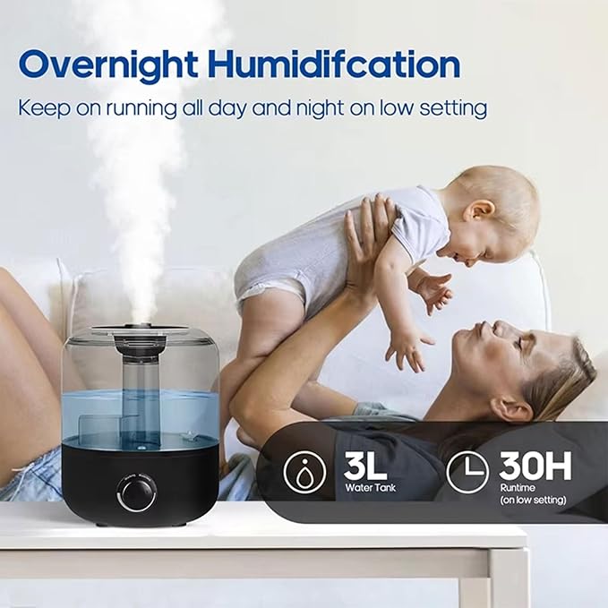Ultrasonic Cool Mist Humidifier with Remote Control, 3L Capacity, Adjustable Mist, Safety Auto-Off Timer, 360° Double Nozzle, Mini Essential Oil Diffuser for Bedroom(White)