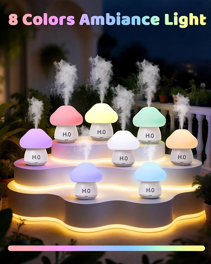 Mushroom Humidifier Lamp with 8 RGB Colors Lights,Cute Rechargeable Portable Humidifiers for Bedroom,Small Mushroom Diffuser with Two Spray Modes,Touch Night Light,Valentine's Day Gifts (White)