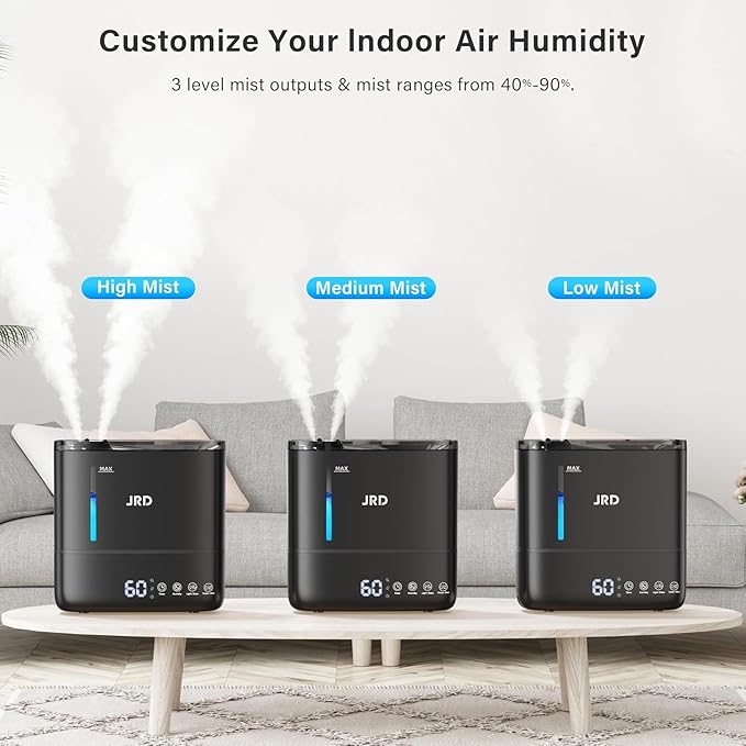 JRD Humidifiers for Bedroom, Ultrasonic Humidifier 4L for Large Room, Cool Mist Top-Fill, 40H Run, 12H Timer, 360° Nozzle, Aroma Diffuser, 7-Color Night Light for Home, Office, Baby, Pets, Plants