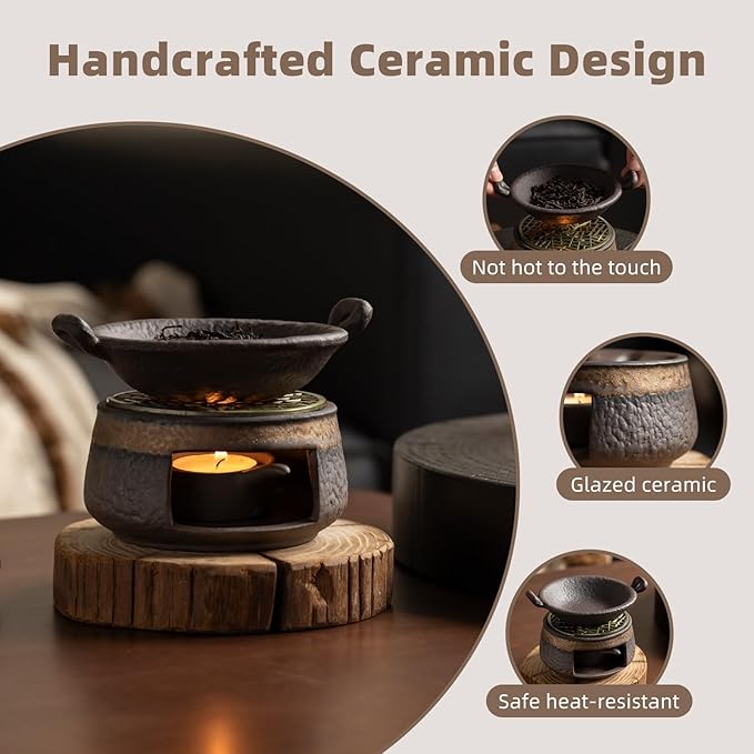 Cedar Aromatherapy Burner & Ceramic Oil Warmer for Home & Office (Heat-Resistant Double-Handled Baking Tray + Stone-Patterned Oven + Old elm Wood mat + Accessories)