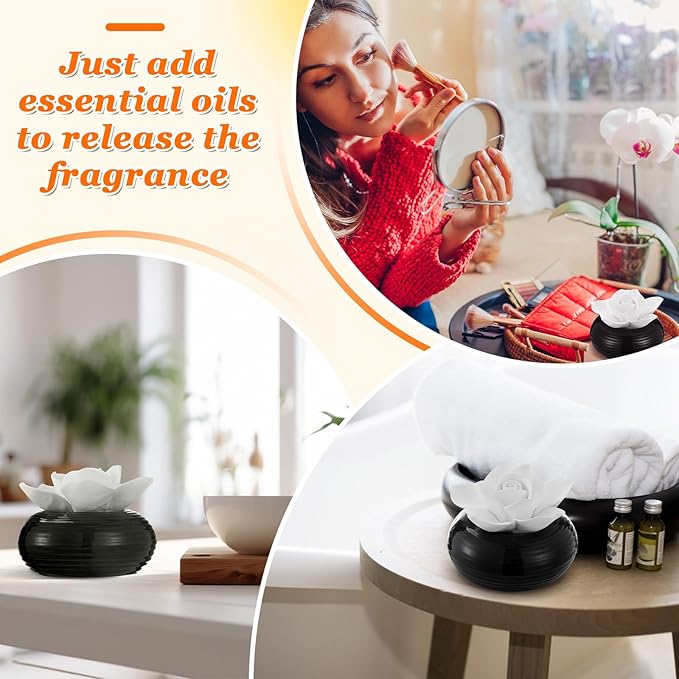 Honeydak 2 Pcs Reedless Ceramic Diffuser Set, Porcelain White Flower Aromatherapy Essential Oil Diffuser for Home Office Bathroom Tabletop Decor, Non-Electric, Valentines Day Gift (Camellia)