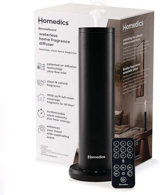 Homedics SereneScent Waterless Essential Oil Diffuser, Home Fragrance Scent Diffuser for Large Rooms, No Water Needed, Patented Air Diffusion Technology, Oil Sold Separately, Black