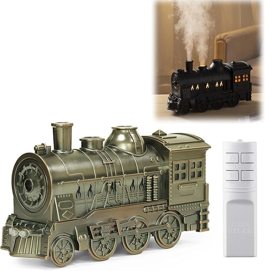 300ML Vintage Train Diffuser, Cool Mist Humidifier with Dual Modes, LED Light, Auto Shut-Off for Bedroom Office (Silver, with Remote Control)