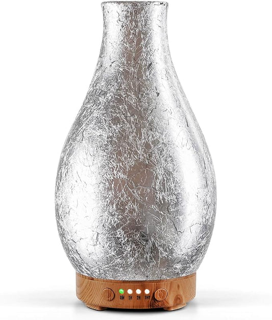 Porseme 100ml Silver-Plated Volcano Essential Oil Diffuser 3D Glass - Elegant and Effective Aromatherapy with 7 Color Changing LEDs and Waterless Auto-Off BPA Free for Home Yoga Leisure SPA Gift