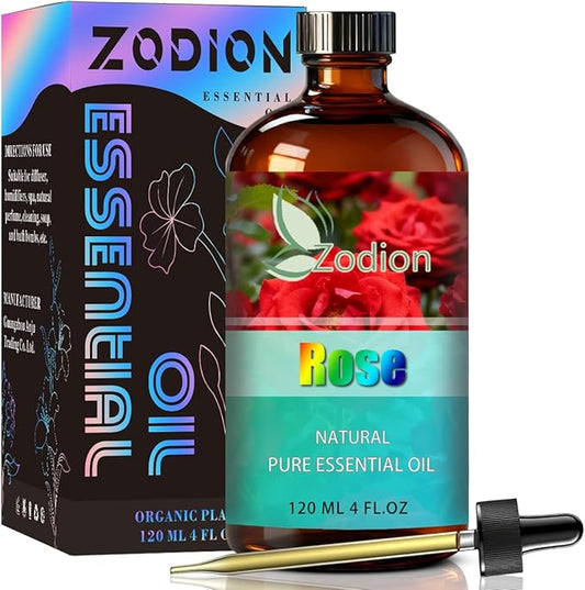 Rose Essential Oil, 4 fl oz (120ml) - ZODION Rose Fragrance Oil for Diffuser, Massage, Humidifier, DIY Candle, Soap Making, Home, Bath, Yoga