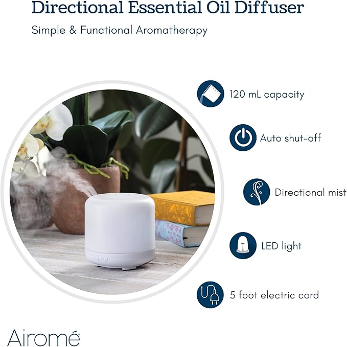 Airome Simple 120 mL BPA-Free Plastic LED Light-up Diffuser with Directional Mist Ideal for Pointing at Face, White