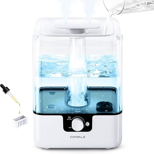 CHIVALZ 6L Humidifiers for Bedroom Large Room Home, Cool Mist Top Fill Humidifiers for Baby Nursery and Plants, 26dB Quiet, Nightlight, Up to 50 Hours, Oil Diffuser 1 Pack + 2 Mist Outlets White