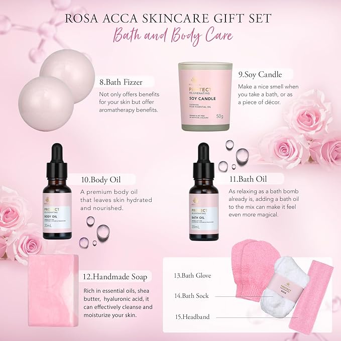 Mother's Day Gift, Spa Gifts 30pcs Rose Facial Skin Care Set for Women, Face Cream, Bath Oil, Serum, Shower Accessories, Bath and Body & Facial Kit, Birthday, Christmas, Valentine's, Bridal Shower
