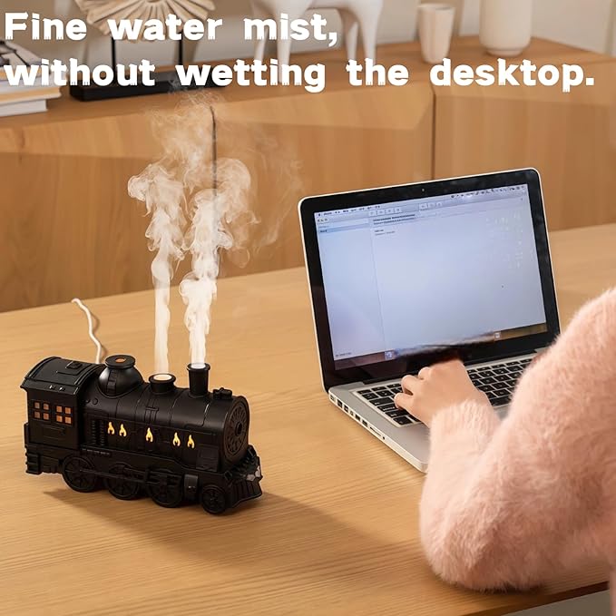 300ML Vintage Train Diffuser & Cool Mist Humidifier with Steam Effect, Remote Control, Dual Modes & Warm Blue LED Light (Gold, Without remote control)