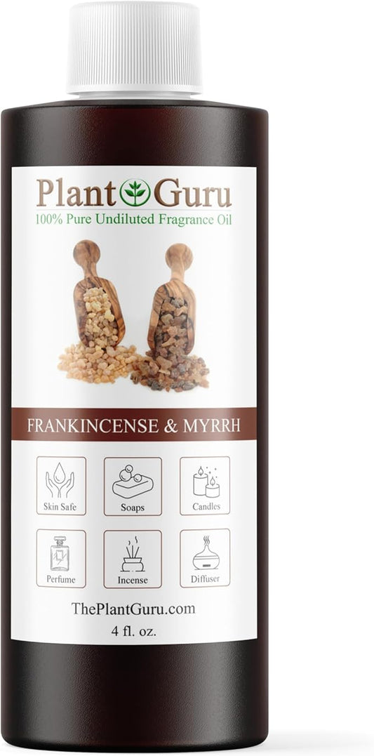 Frankincense and Myrrh Fragrance Oil 4 fl. oz. Scented Oil for DIY Soap Making, Candles, Bath Bombs, Body Butters. Used in Aromatherapy Diffusers, Burners and Warmers. Add to Lotions and Creams.