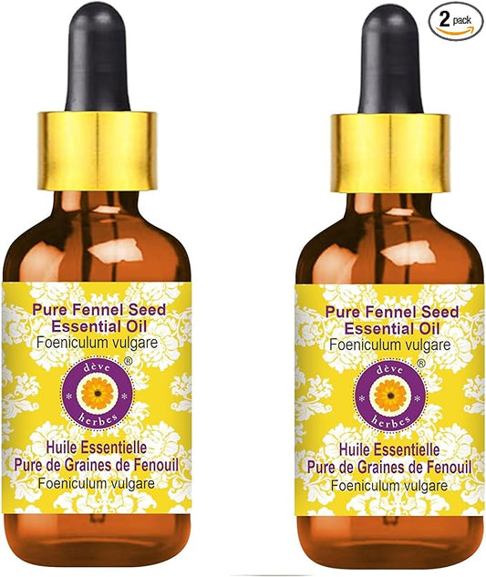 Deve Herbes Pure Fennel Seed Essential Oil (Foeniculum vulgare) with Glass Dropper Steam Distilled (Pack of Two) 100ml X 2 (6.76 oz)