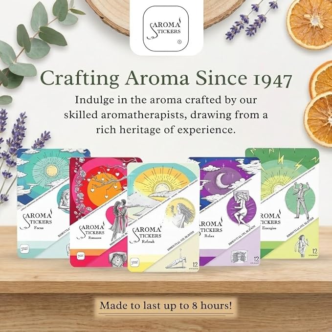 AROMA STICKERS® Original Blend Energize - 100% Natural Essential Oil Scented - Diffuser Sticker - Aromatherapy Stickers for Personal Space - Towels, Face Mask & Pillow - (Pack of 1, 12 Stickers)