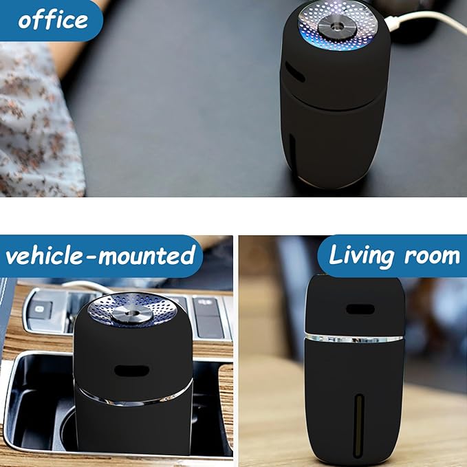 Car Humidifier, 200ml Round Mini Air Diffuser, Low Noise Warm Car Diffuser with Light, USB 2 Gear Air Freshener for Home Office Bedroom (Black)